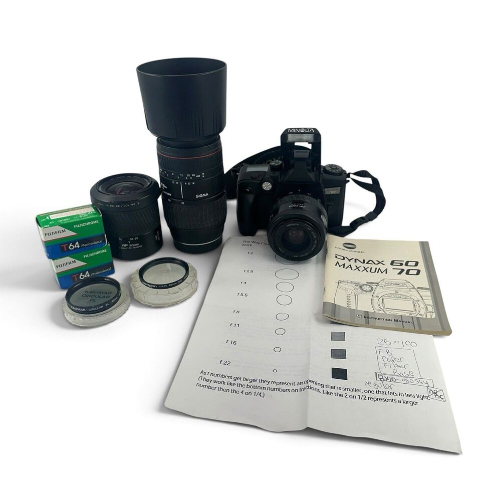 Minolta Maxxum 70 35mm Film Camera 28-100mm Lens 35-70 Lens + Sigma 70-300 Lens